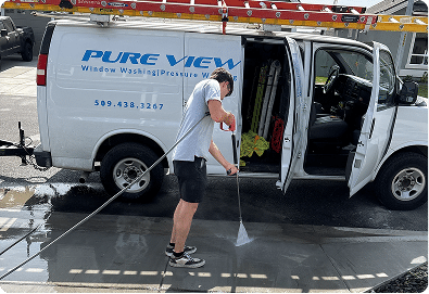 Pure View exterior cleaning in the Tri-Cities — Commercial Soft Pressure Washing Pressure Washing Parking lots, sidewalks, building exteriors, dumpster pads, and drive-throughs. 